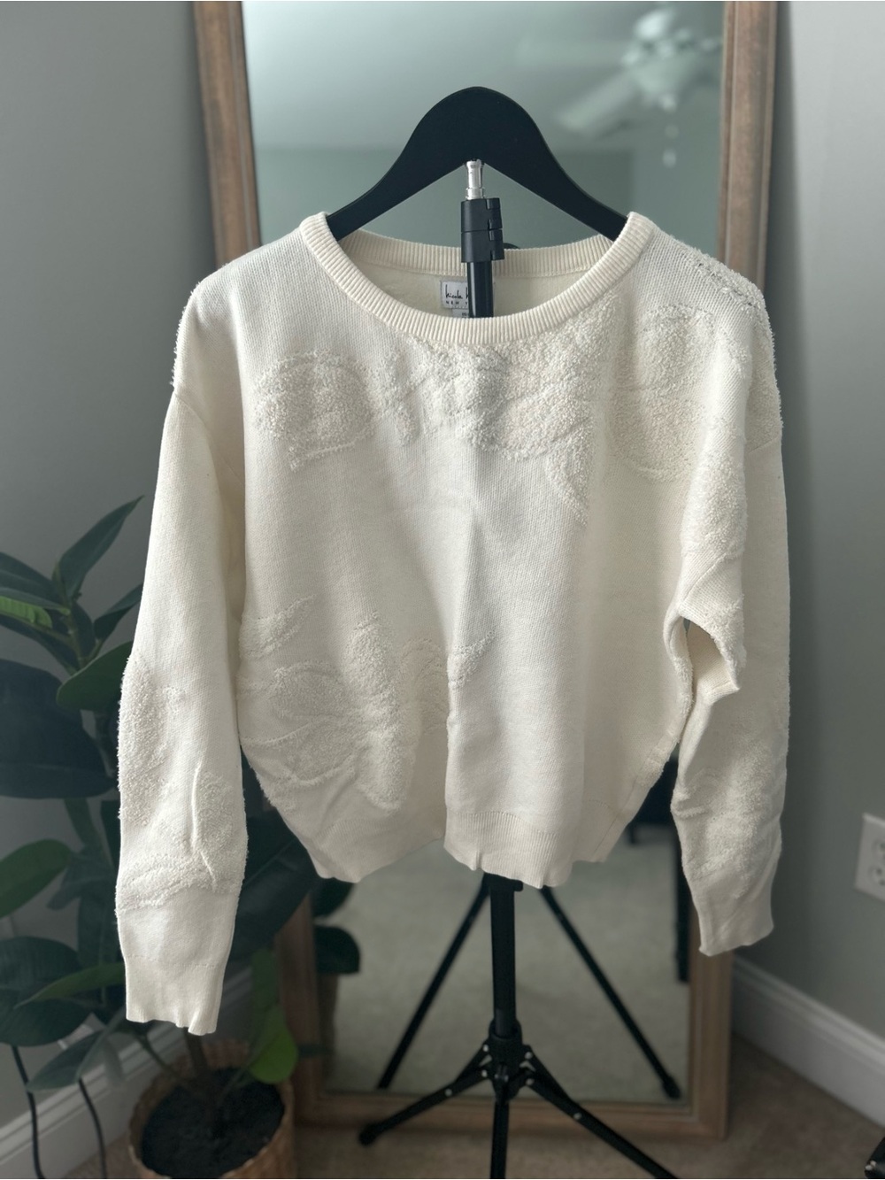 Cream Textured Crewneck Sweater